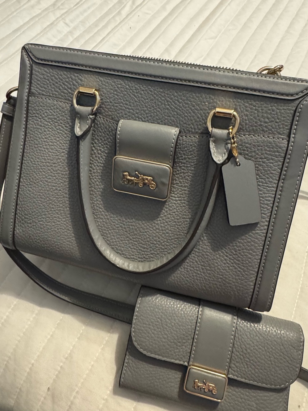 Gray Leather Satchel and Wallet Set with Gold Accent